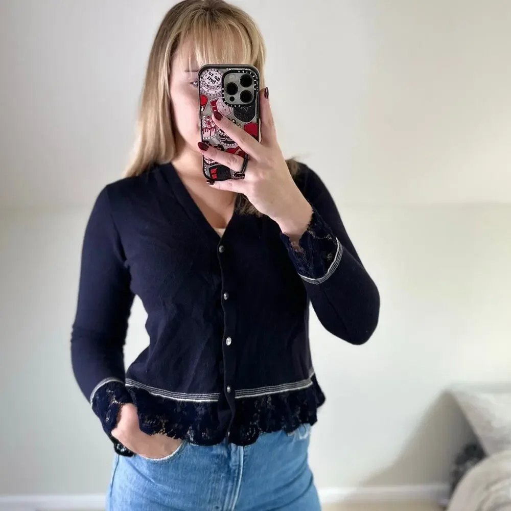 Tory Burch: Merino Wool Navy Velvet Lace Button Front Knit Cardigan